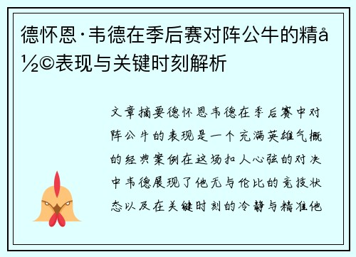 德怀恩·韦德在季后赛对阵公牛的精彩表现与关键时刻解析