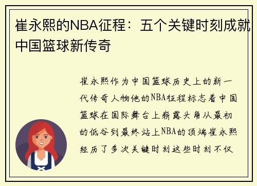 崔永熙的NBA征程：五个关键时刻成就中国篮球新传奇